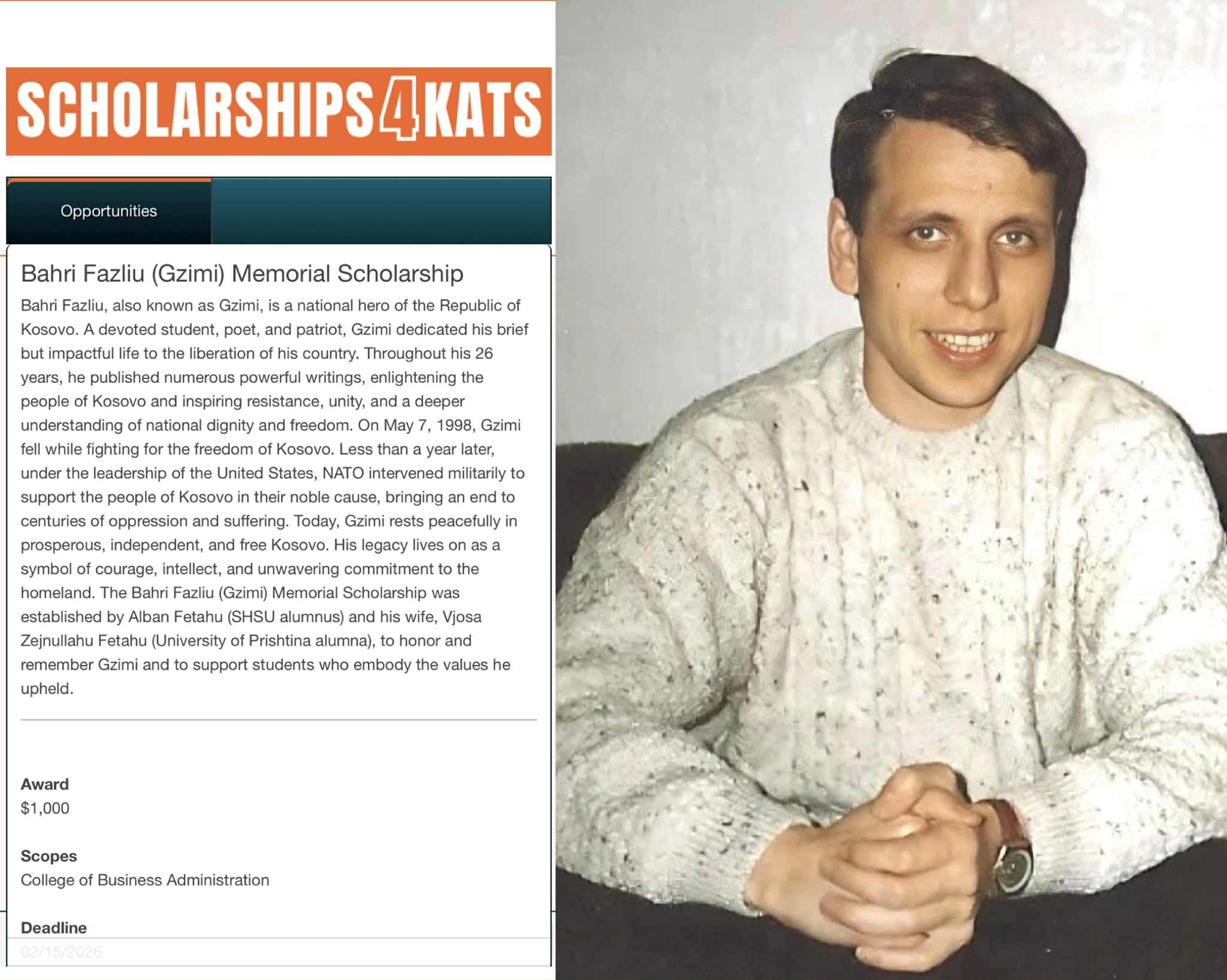 Universiteti Shtetëror i Sam Houstonit në ShBA themelon bursë për nder të heroit të Kosovës  Bahri Fazliu