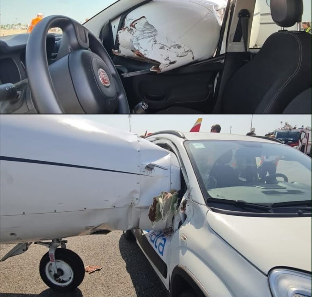 Një makinë përplaset me avionin në aeroportin e Milanos  Foto Video 
