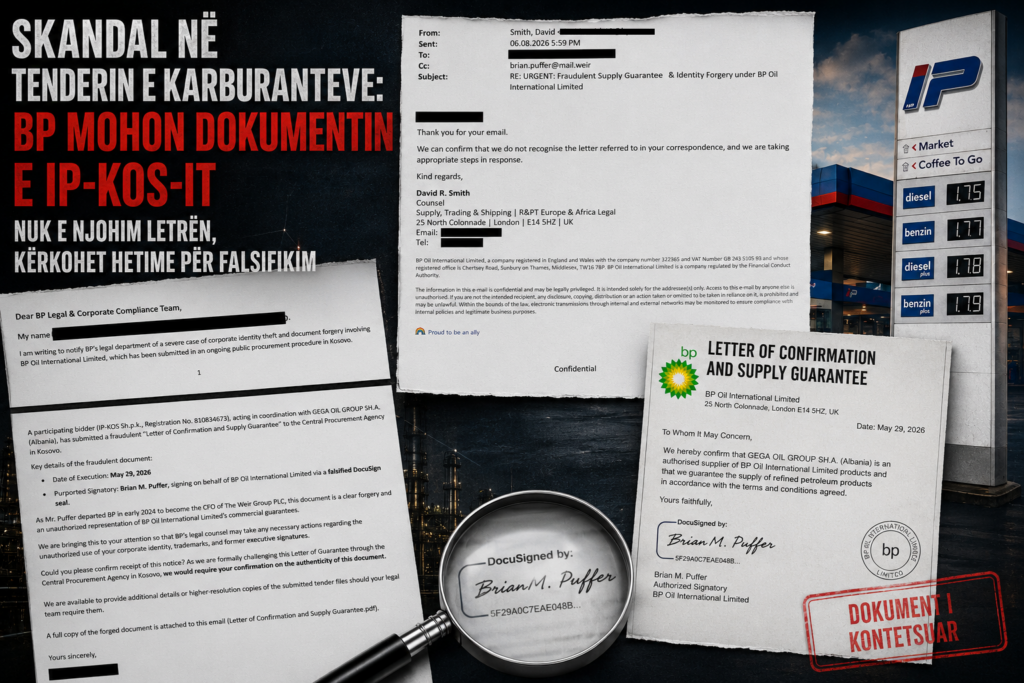 Skandal në tenderin e karburanteve  BP mohon dokumentin e IP KOS it  Nuk e njohim letrën  kërkohet hetime për falsifikim